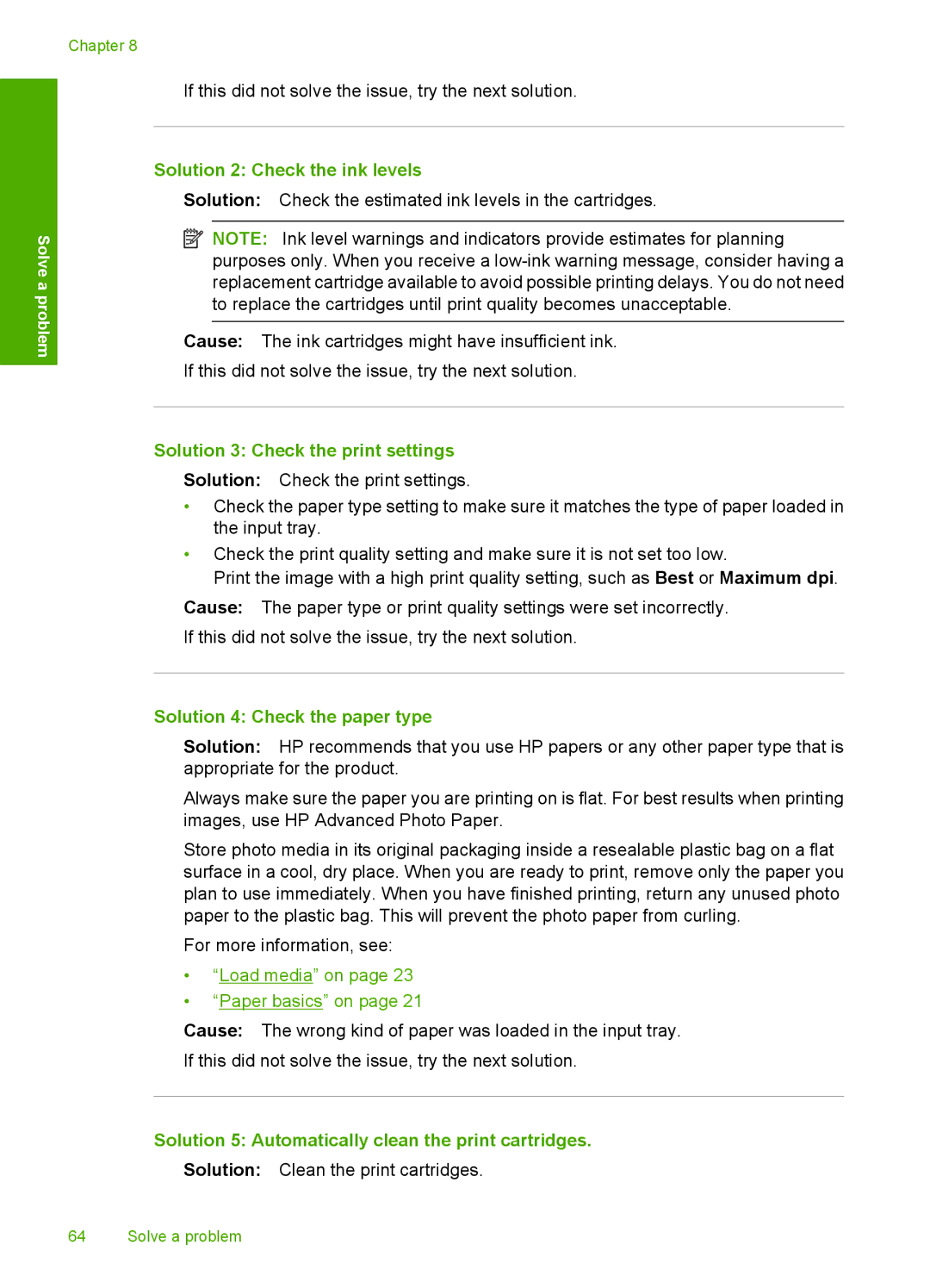 HP F4400 manual Solution 2 Check the ink levels, Solution 5 Automatically clean the print cartridges 