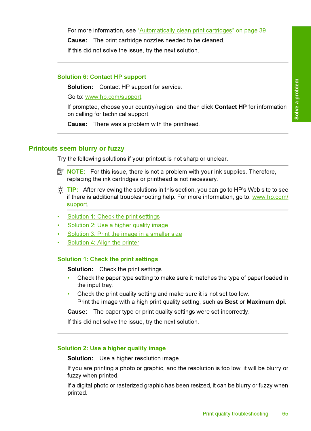 HP F4400 manual Printouts seem blurry or fuzzy, Solution 6 Contact HP support, Solution 1 Check the print settings 