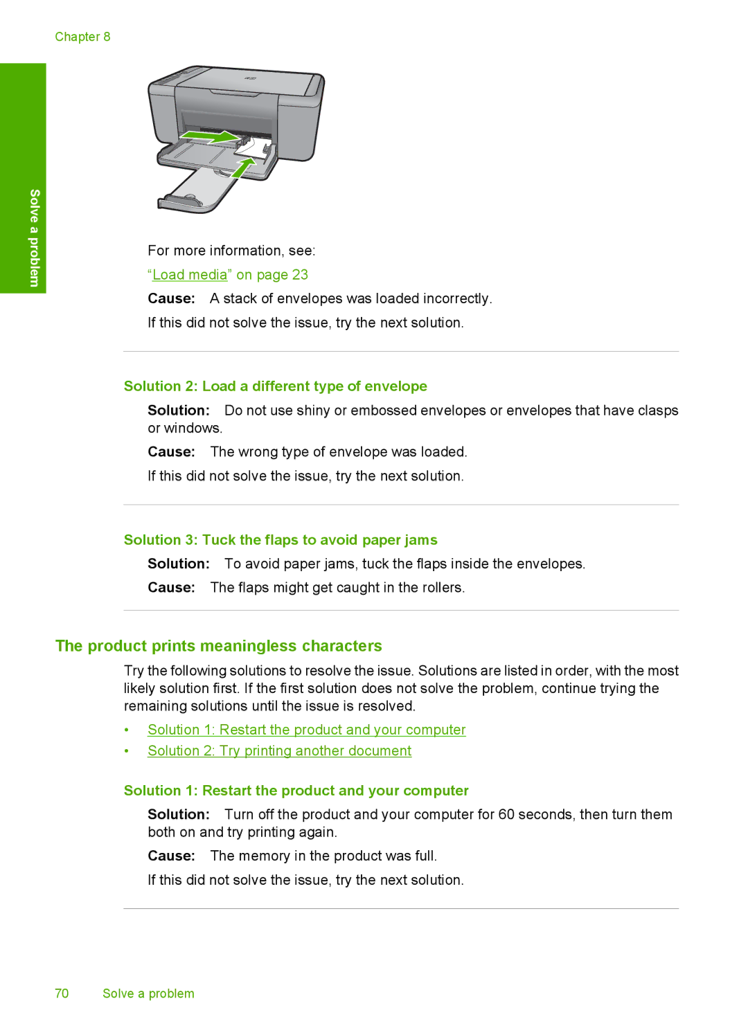 HP F4400 manual Product prints meaningless characters, Solution 2 Load a different type of envelope 