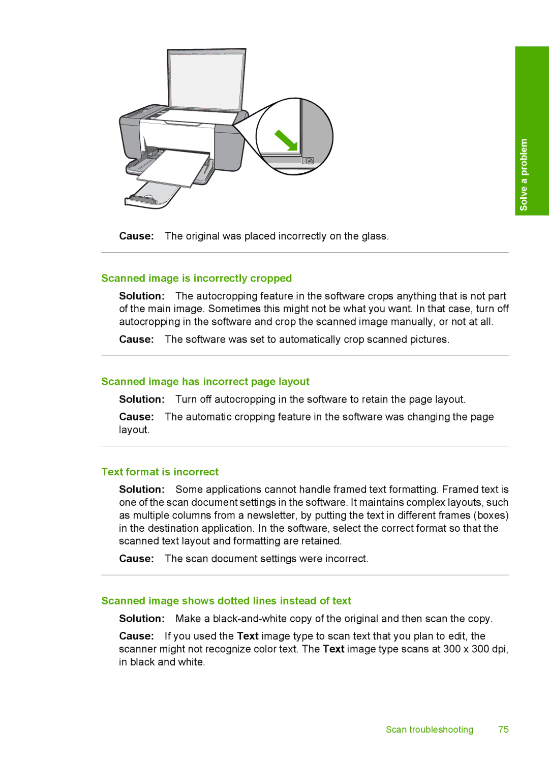 HP F4400 manual Scanned image is incorrectly cropped, Scanned image has incorrect page layout, Text format is incorrect 