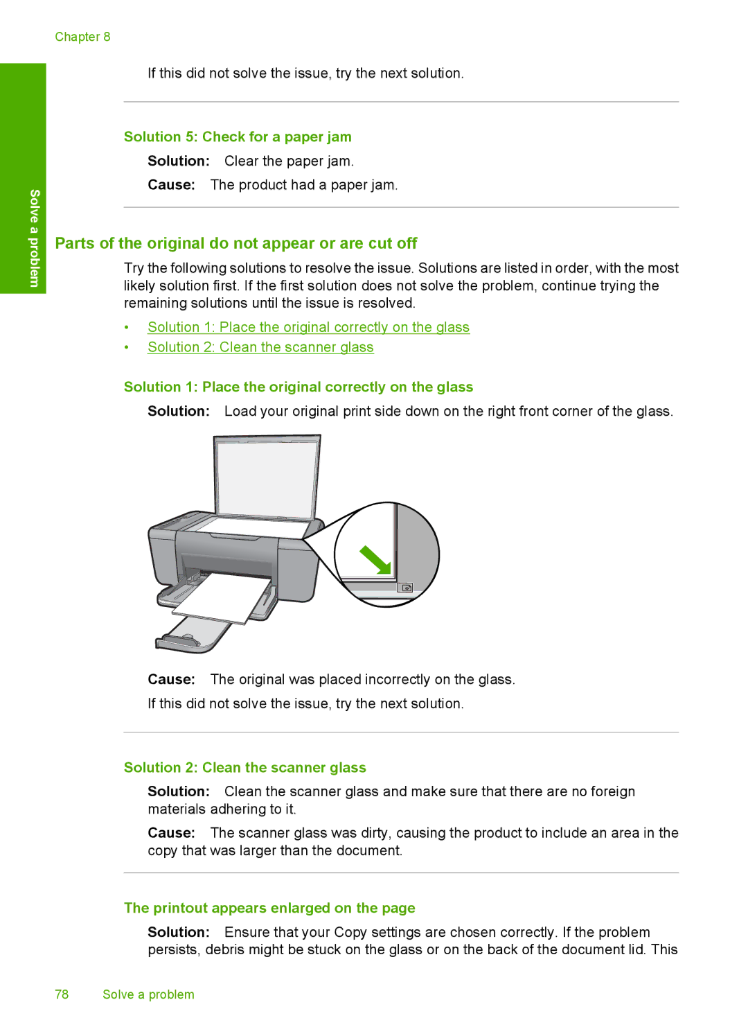 HP F4400 manual Parts of the original do not appear or are cut off, Solution 5 Check for a paper jam 