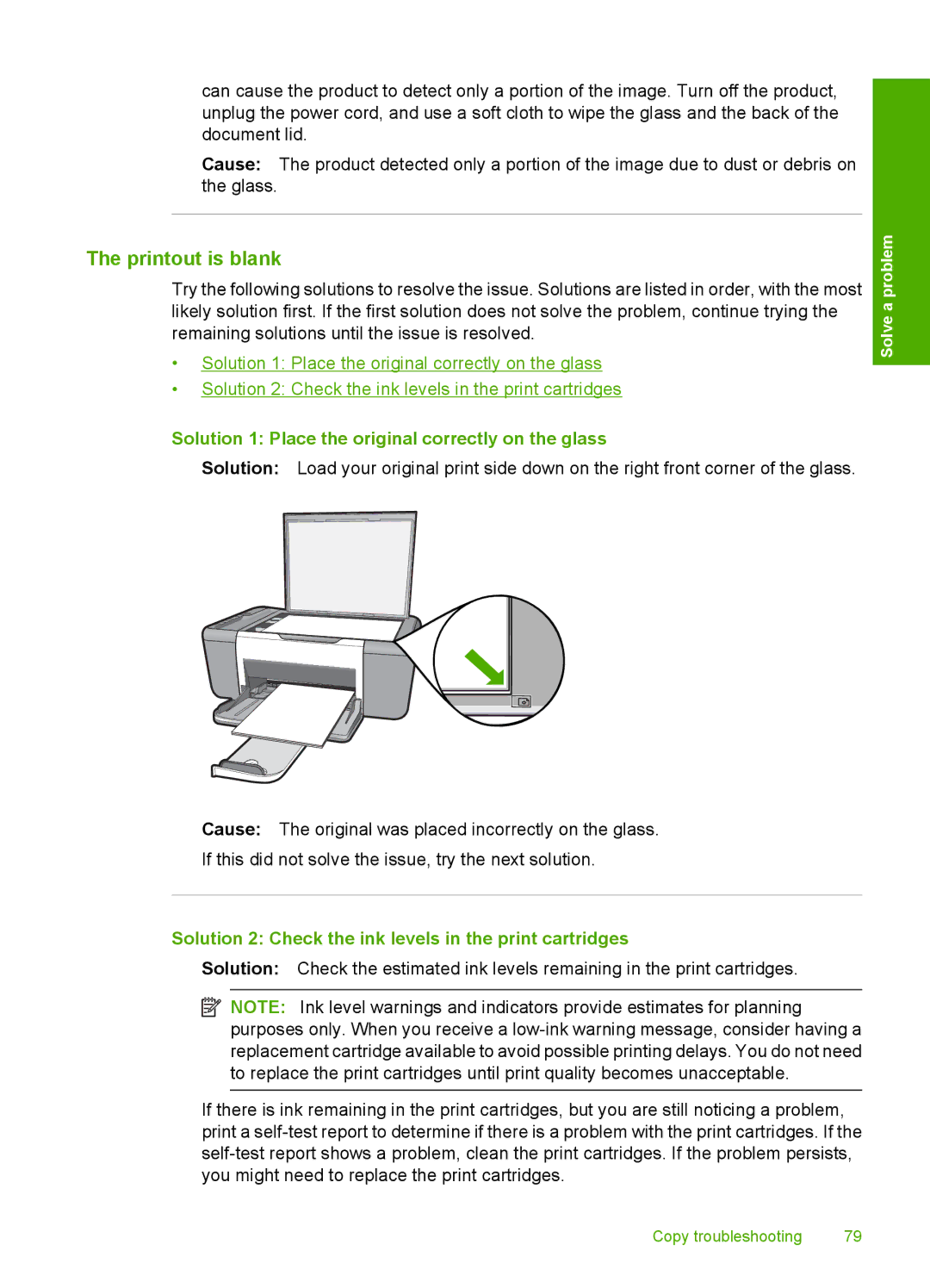 HP F4400 manual Printout is blank, Solution 2 Check the ink levels in the print cartridges 