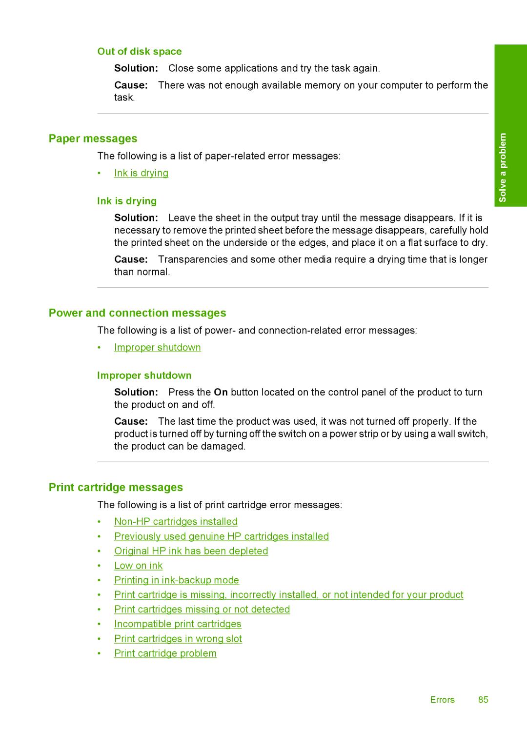 HP F4400 manual Paper messages, Power and connection messages, Print cartridge messages 