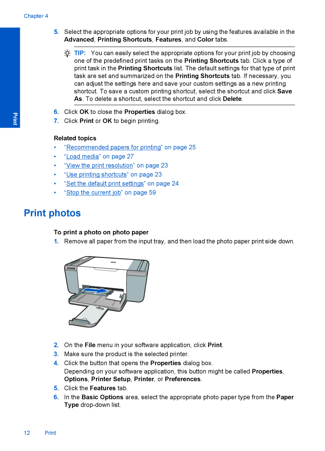 HP F4500 manual Print photos, To print a photo on photo paper 