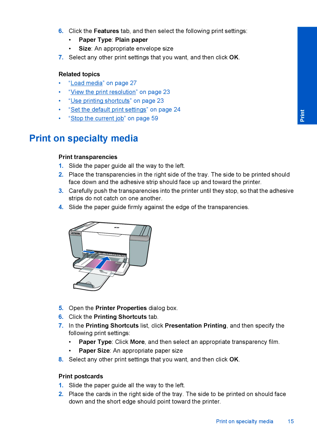 HP F4500 manual Print on specialty media, Paper Type Plain paper, Print transparencies, Click the Printing Shortcuts tab 