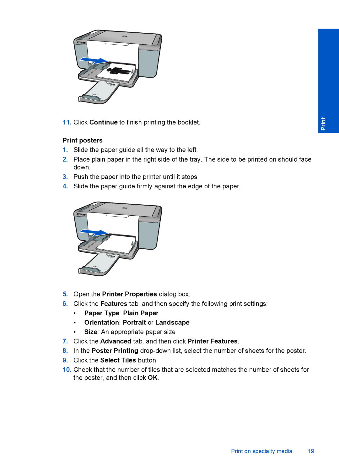 HP F4500 manual Print posters, Paper Type Plain Paper Orientation Portrait or Landscape 