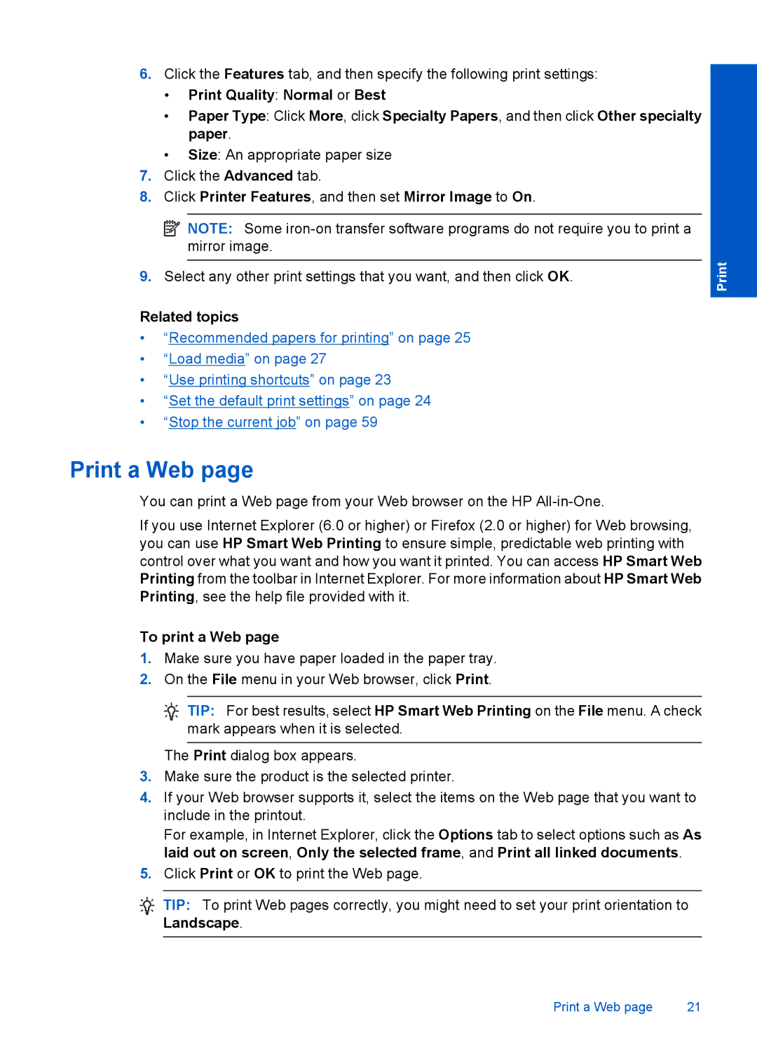 HP F4500 manual Print a Web, Click Printer Features, and then set Mirror Image to On, To print a Web 