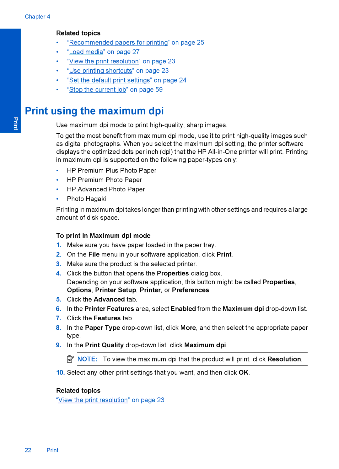 HP F4500 manual Print using the maximum dpi, To print in Maximum dpi mode 