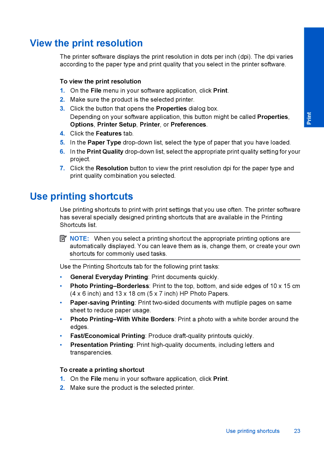 HP F4500 View the print resolution, Use printing shortcuts, To view the print resolution, To create a printing shortcut 