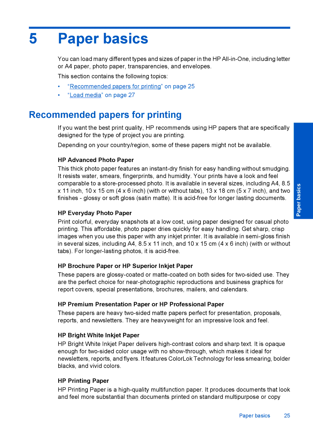 HP F4500 manual Paper basics, Recommended papers for printing 