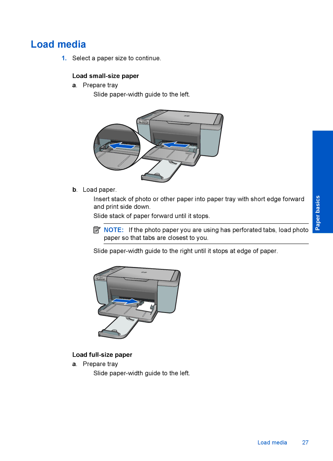 HP F4500 manual Load media, Load small-size paper a. Prepare tray, Load full-size paper 