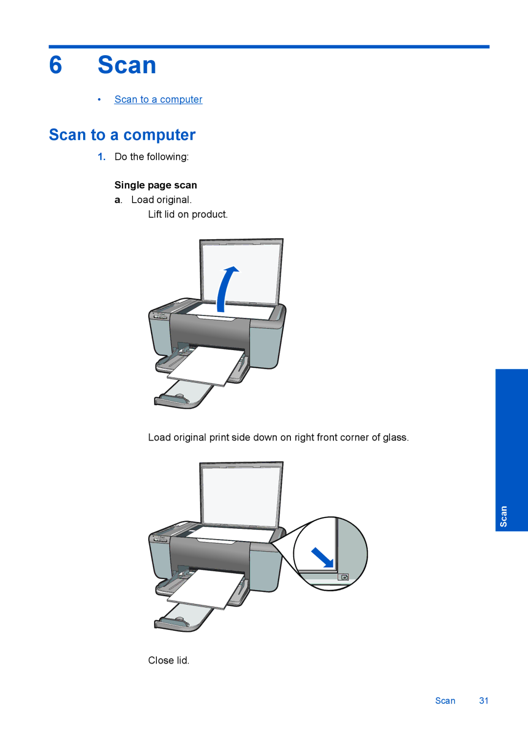 HP F4500 manual Scan to a computer, Single page scan a. Load original 