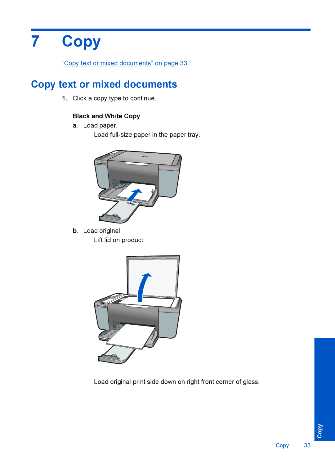 HP F4500 manual Copy text or mixed documents, Black and White Copy a. Load paper 