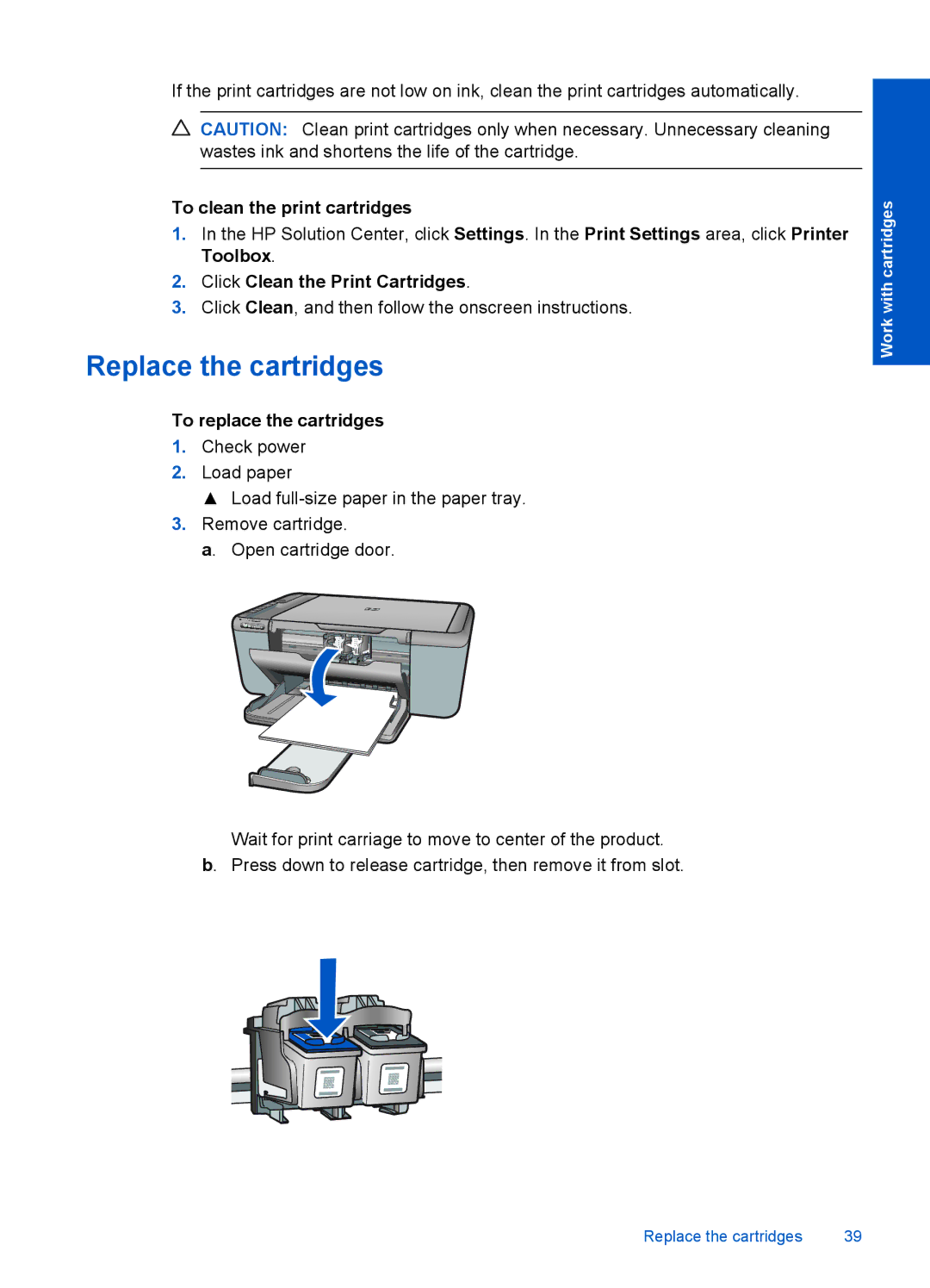 HP F4500 manual Replace the cartridges, To clean the print cartridges, Click Clean the Print Cartridges 