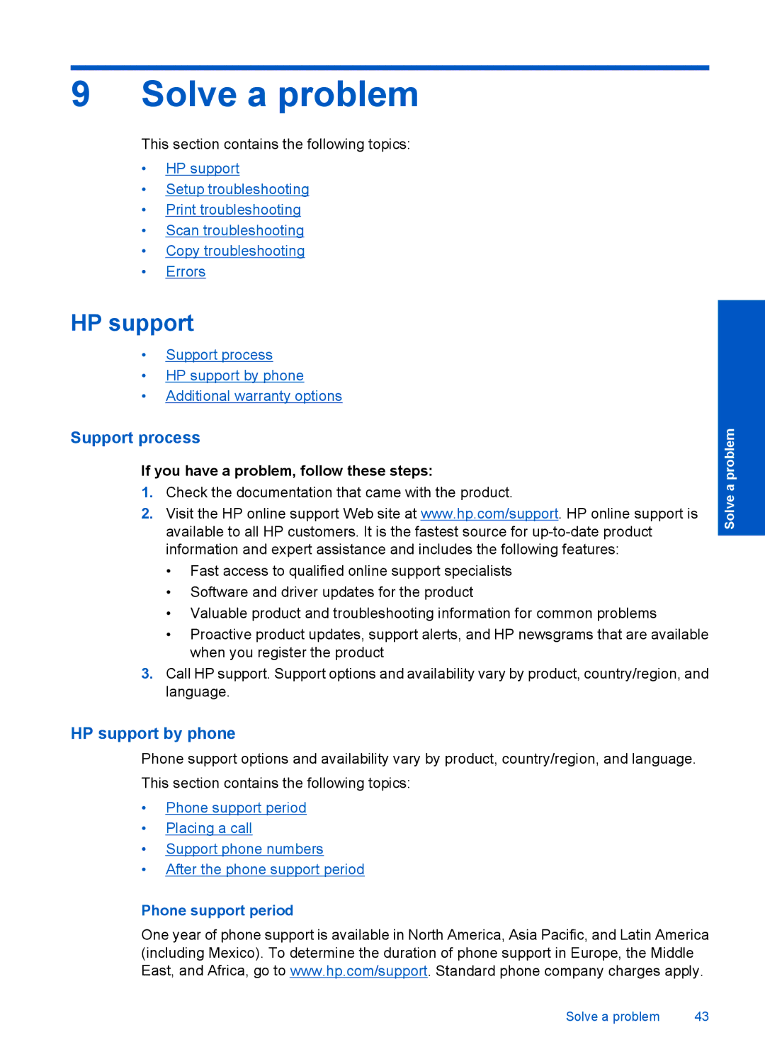 HP F4500 manual Solve a problem, Support process, HP support by phone, Phone support period 