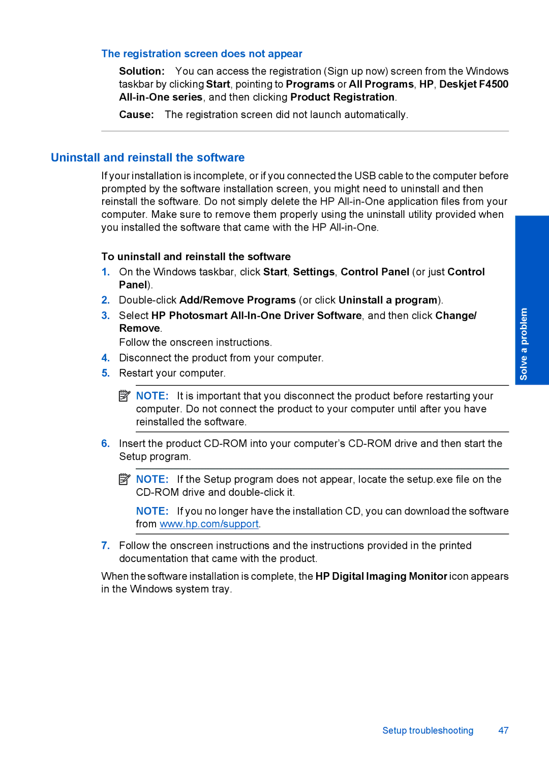 HP F4500 manual Uninstall and reinstall the software, Registration screen does not appear 