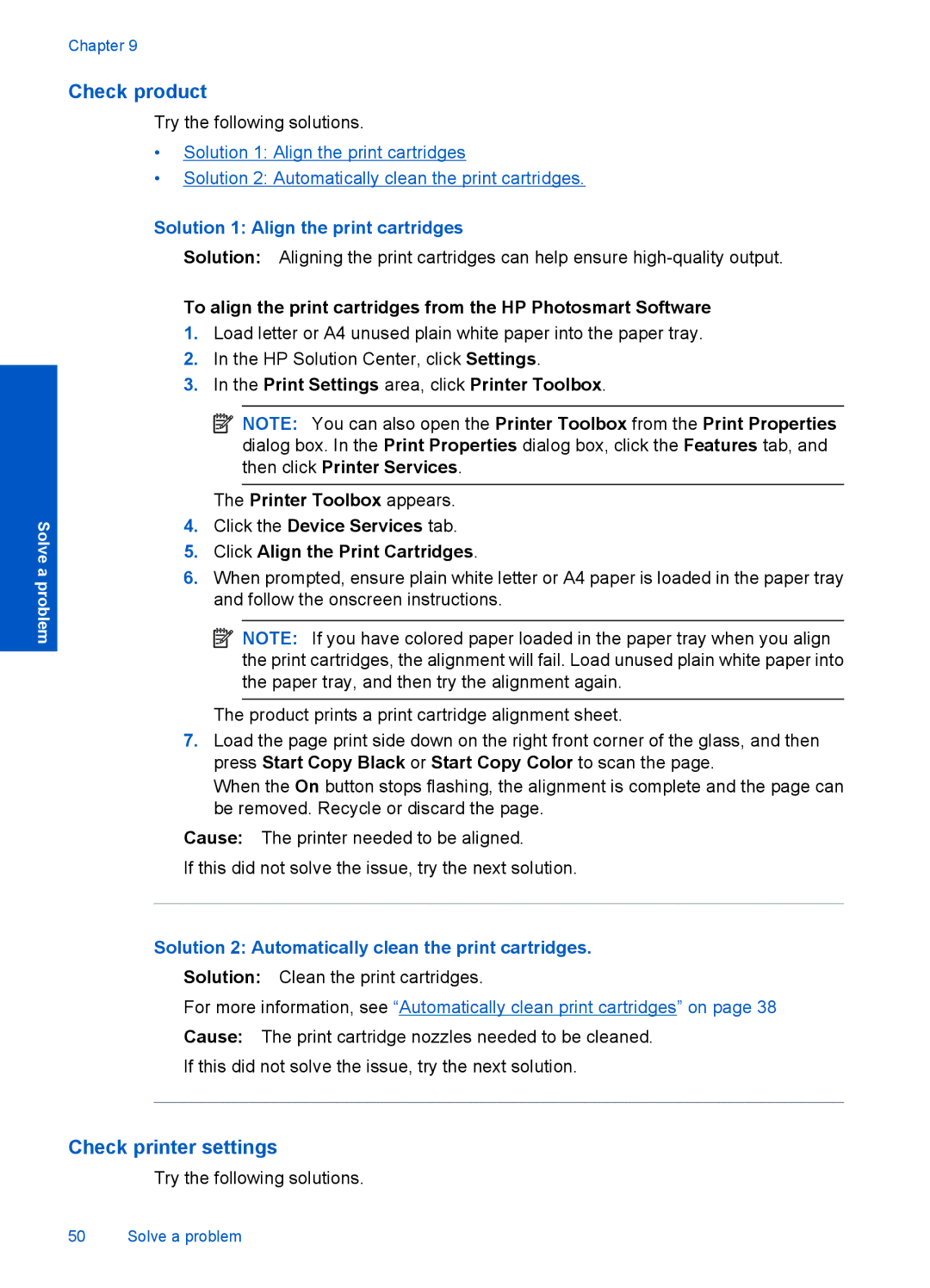 HP F4500 manual Check product, Check printer settings, Solution 1 Align the print cartridges 