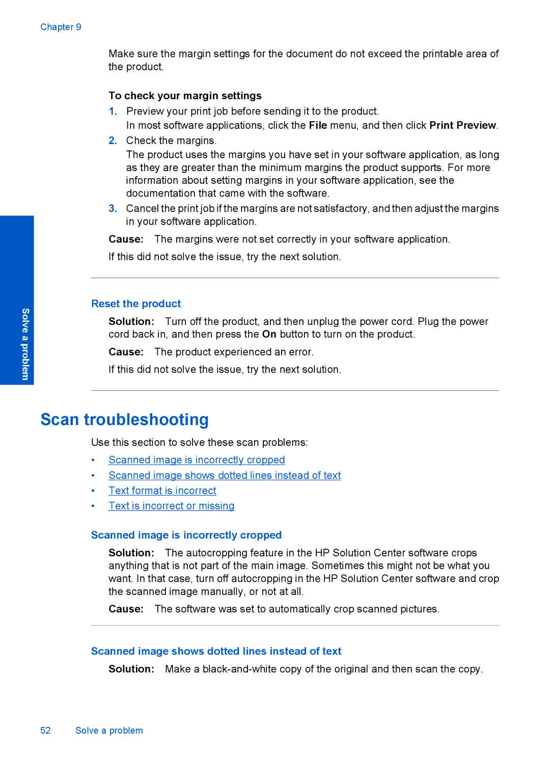 HP F4500 Scan troubleshooting, To check your margin settings, Reset the product, Scanned image is incorrectly cropped 