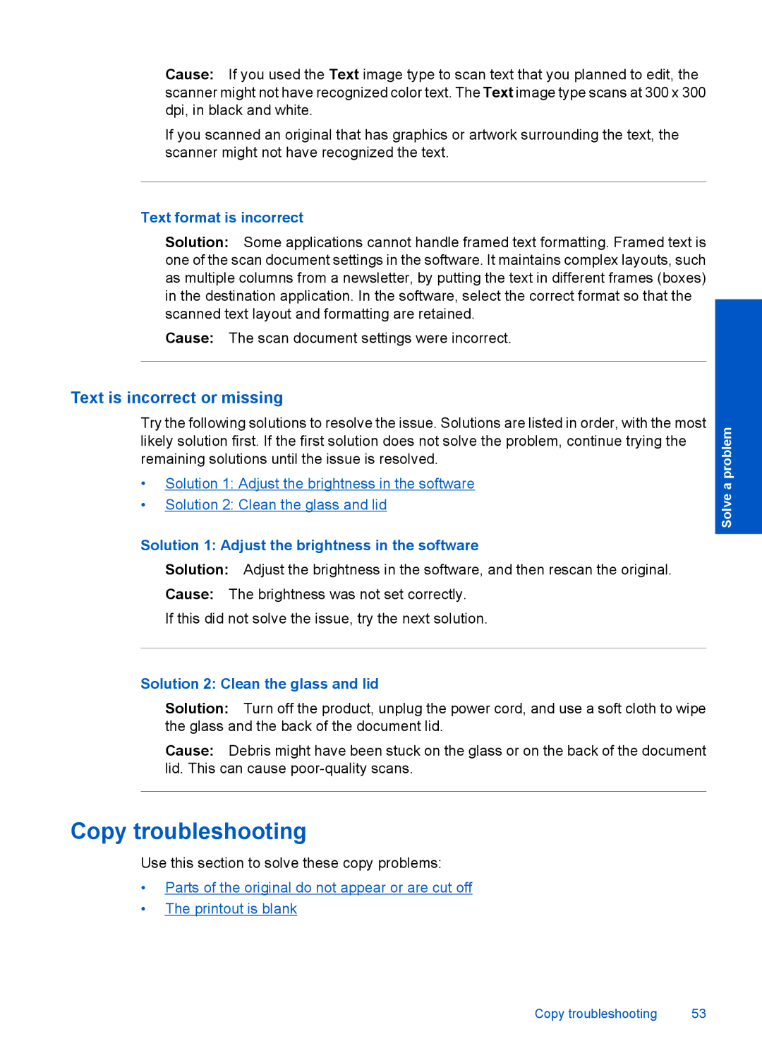 HP F4500 Copy troubleshooting, Text is incorrect or missing, Text format is incorrect, Solution 2 Clean the glass and lid 