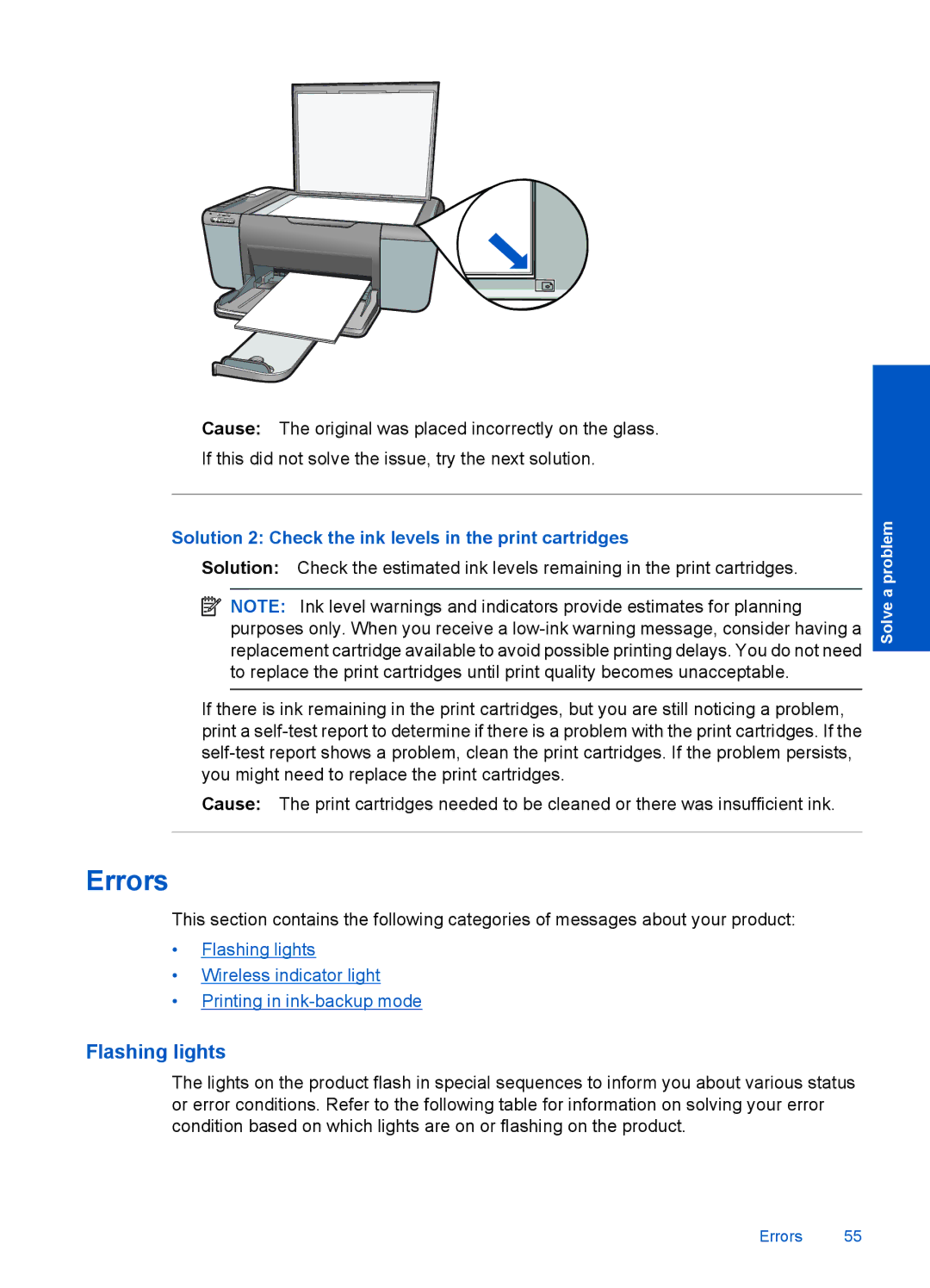 HP F4500 manual Errors, Flashing lights, Solution 2 Check the ink levels in the print cartridges 