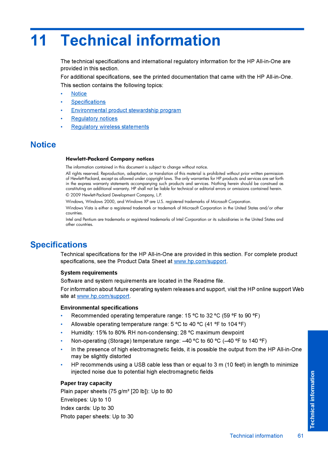 HP F4500 manual Technical information, Hewlett-Packard Company notices 