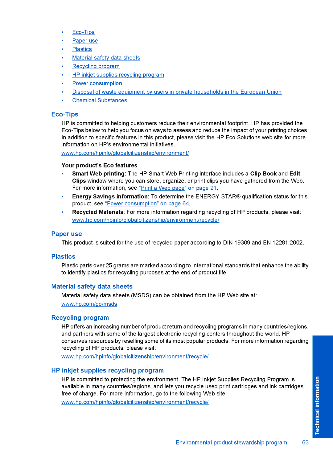 HP F4500 manual Eco-Tips, Paper use, Plastics, Material safety data sheets, Recycling program 