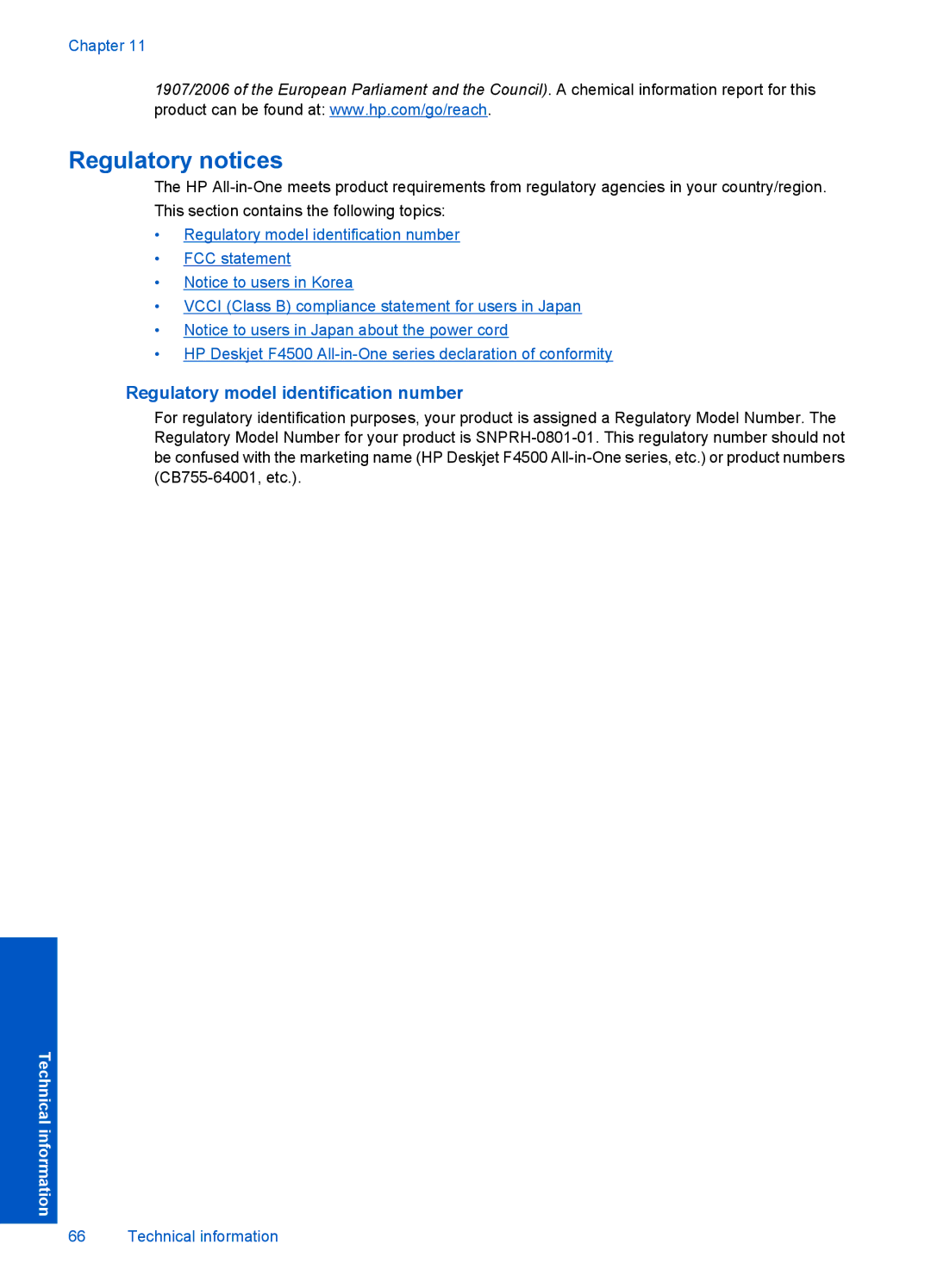 HP F4500 manual Regulatory notices, Regulatory model identification number 