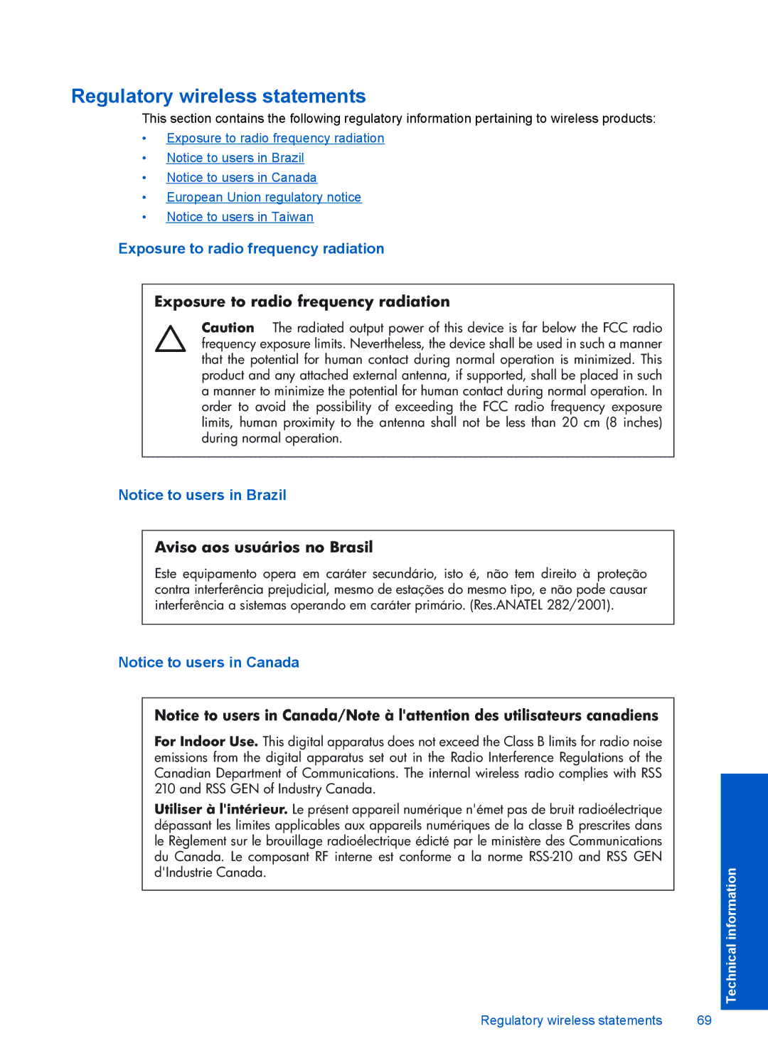 HP F4500 manual Regulatory wireless statements, Exposure to radio frequency radiation 