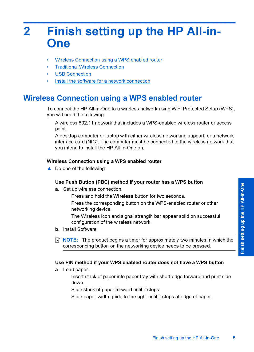 HP F4500 manual Finish setting up the HP All-in- One, Wireless Connection using a WPS enabled router 