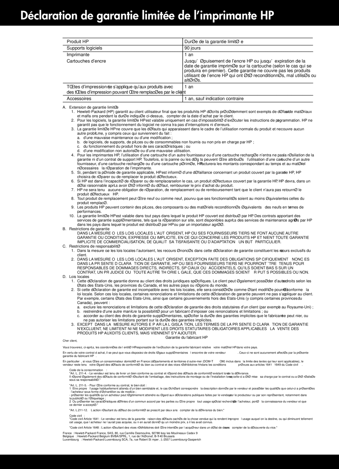 HP F4500 manual Déclaration de garantie limitée de l’imprimante HP, Produit HP Durée de la garantie limitée 