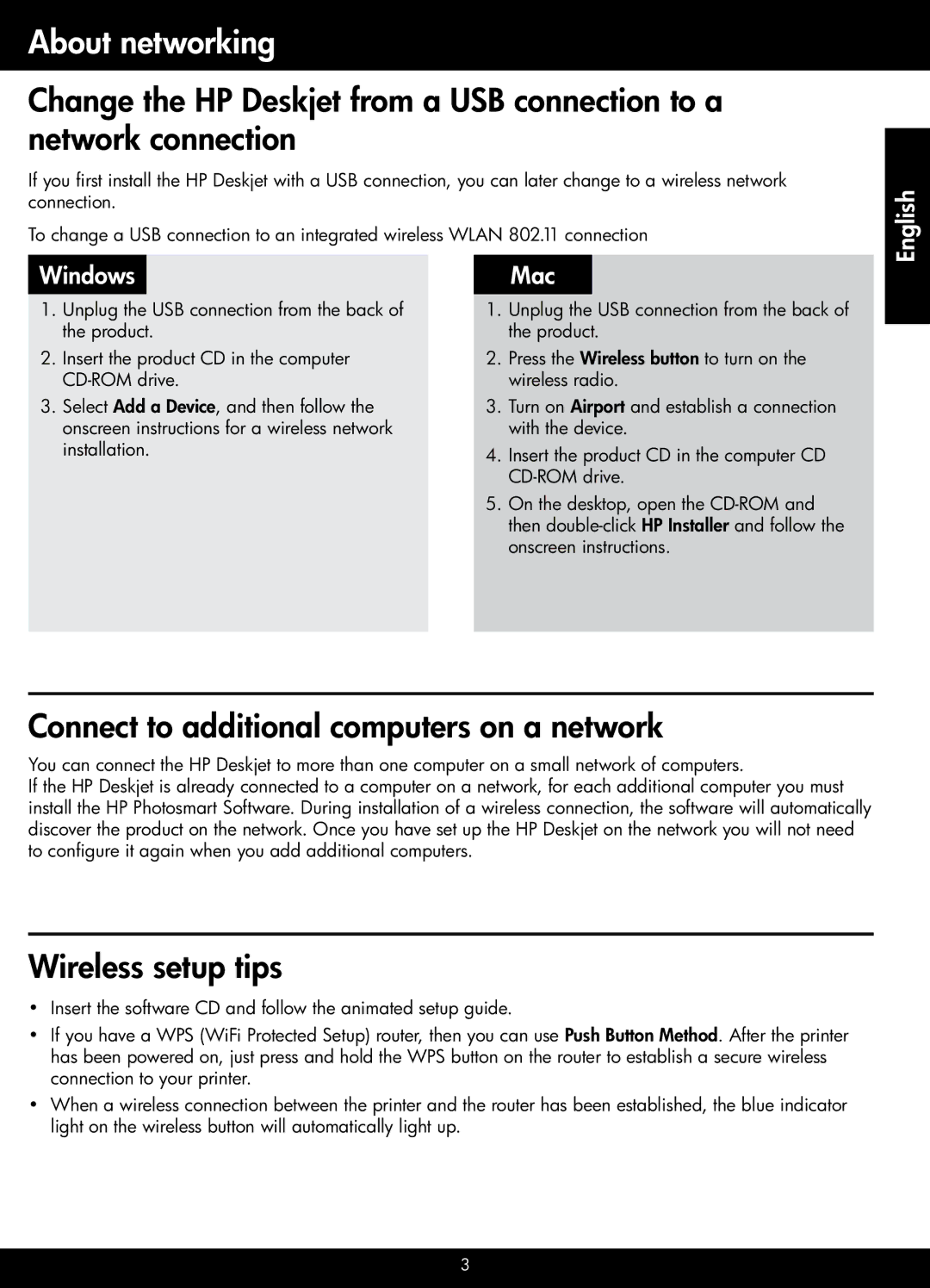 HP F4500 manual About networking, Connect to additional computers on a network, Wireless setup tips, English Windows, Mac 