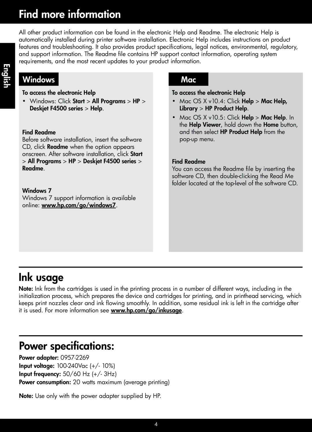 HP F4500 manual Find more information, Ink usage Power specifications 