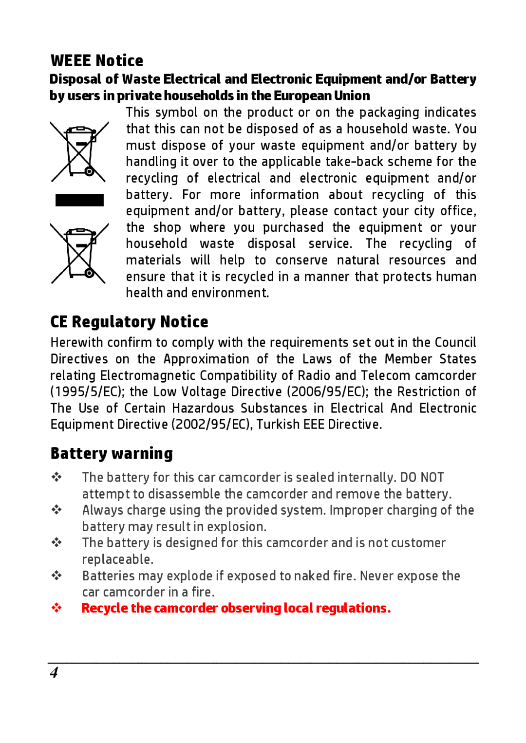 HP F520g manual Weee Notice, CE Regulatory Notice, Battery warning 