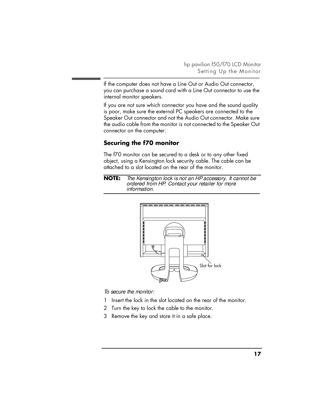 HP f50 15 inch, f70 17 inch manual Securing the f70 monitor, To secure the monitor 