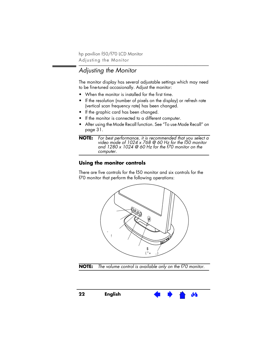 HP f70 17 inch, f50 15 inch manual Adjusting the Monitor, Using the monitor controls 