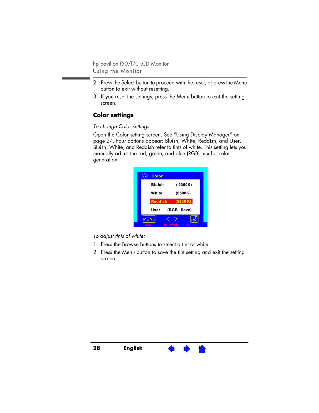 HP f70 17 inch, f50 15 inch manual To change Color settings, To adjust tints of white 