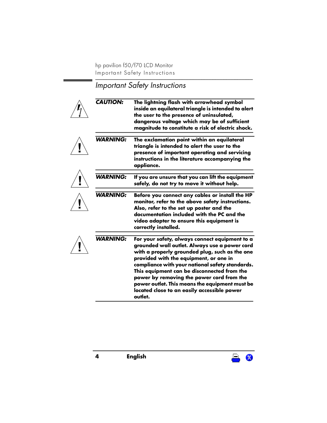 HP f70 17 inch, f50 15 inch manual Important Safety Instructions, English 