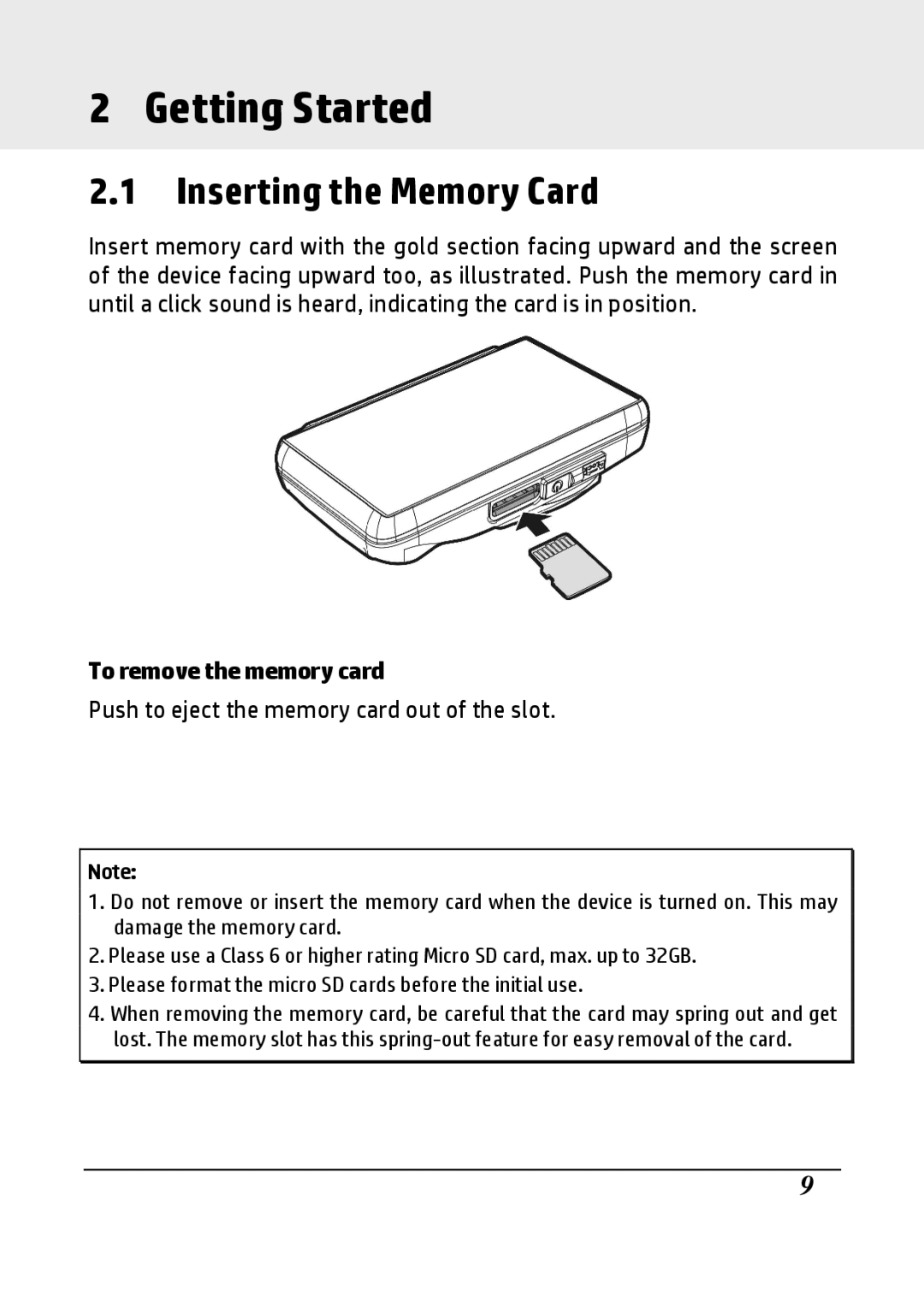 HP F800g manual Getting Started, Inserting the Memory Card, To remove the memory card 