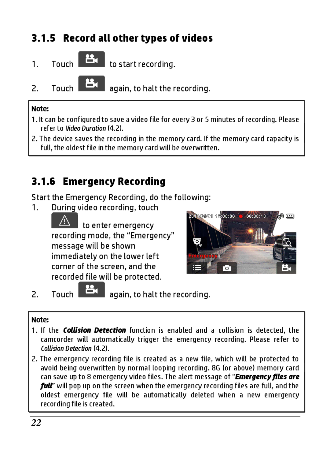 HP F800g manual Record all other types of videos, Emergency Recording 