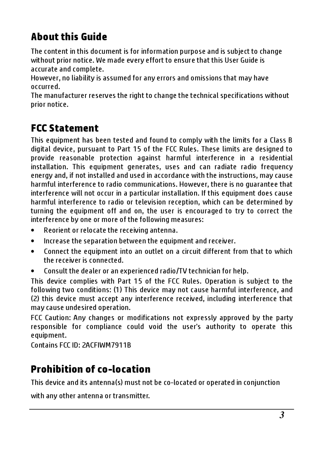 HP F800g manual About this Guide, FCC Statement, Prohibition of co-location 