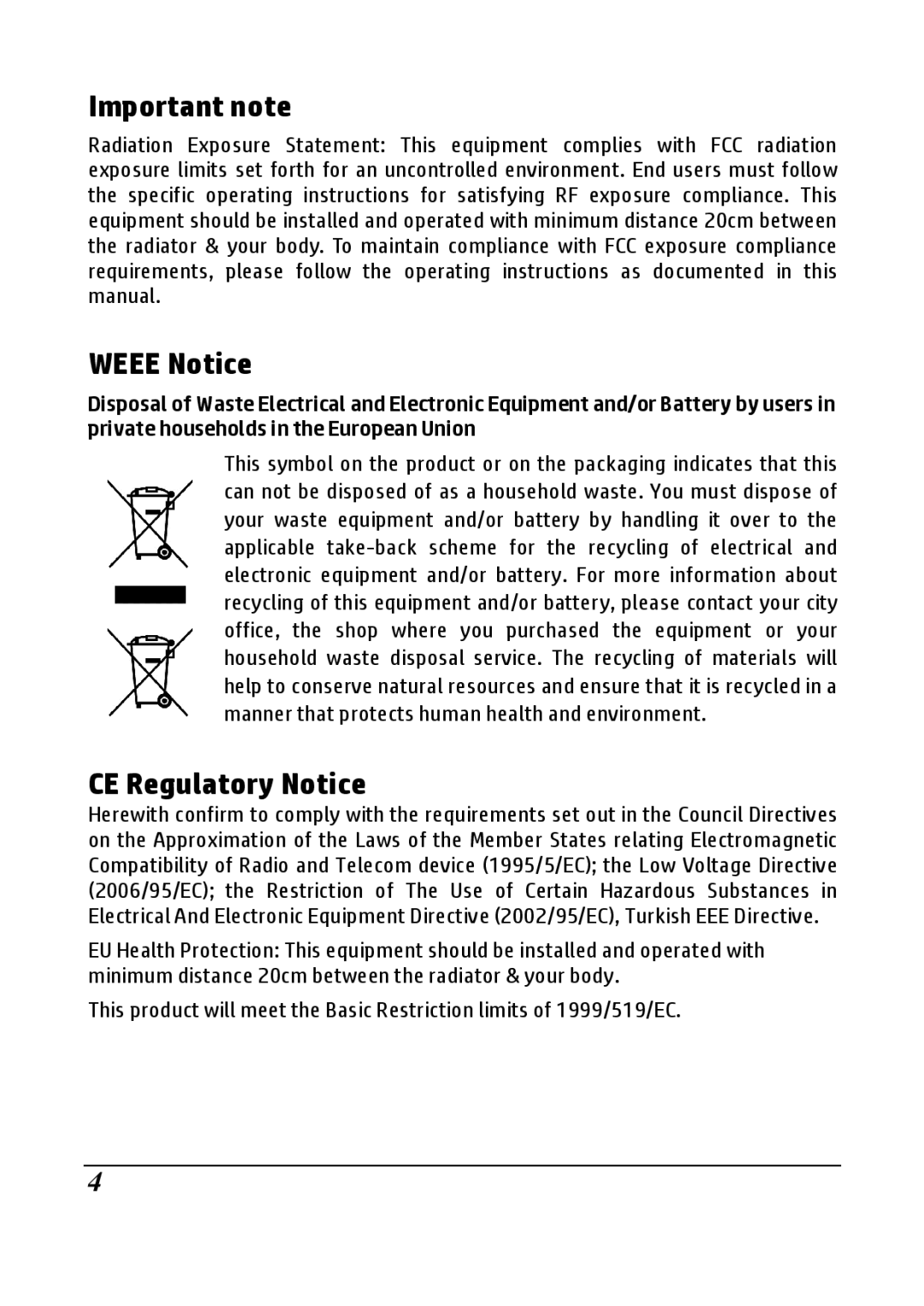 HP F800g manual Important note, Weee Notice, CE Regulatory Notice 