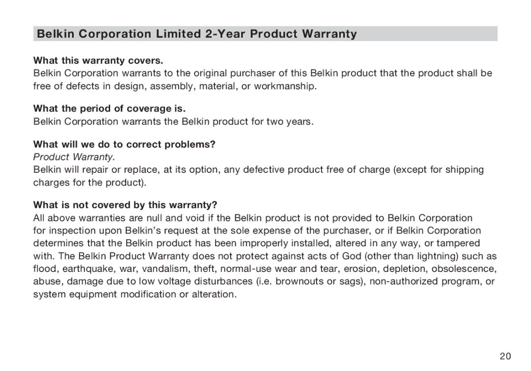 HP F8T064UK manual Belkin Corporation Limited 2-Year Product Warranty, What this warranty covers 