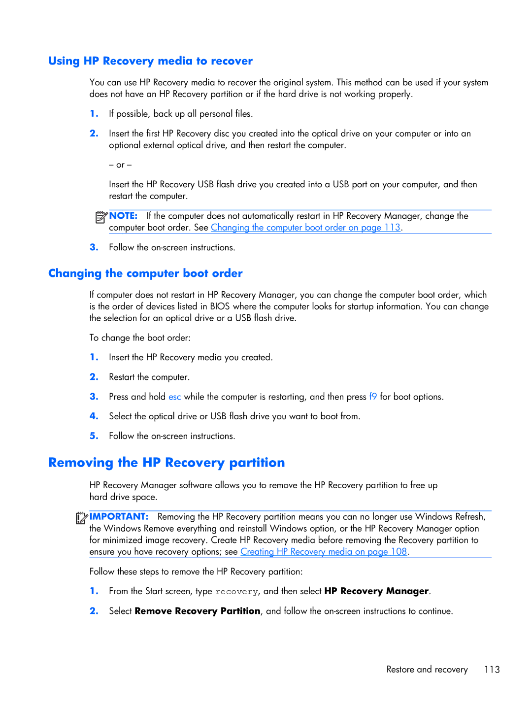 HP Dv7-7234nr DV7, dv7 C6N73UARABA manual Removing the HP Recovery partition, Using HP Recovery media to recover 