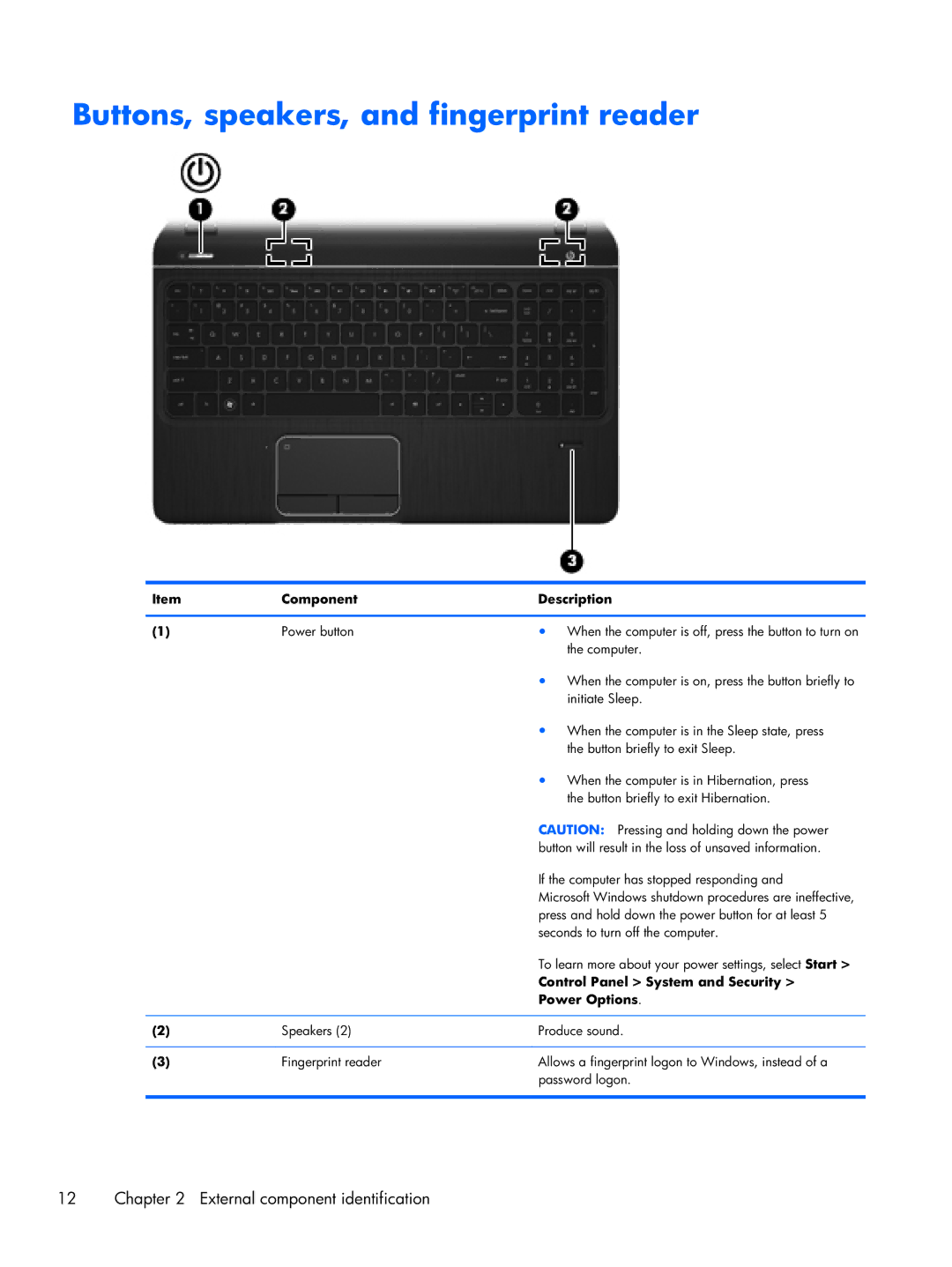 HP dv7 C6N73UARABA manual Buttons, speakers, and fingerprint reader, Control Panel System and Security, Power Options 