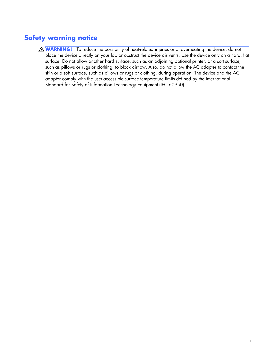 HP Fary Recertified Dv7-7234nr C6P04UARABA, dv7 C6N73UARABA, Dv7-7234nr DV7, Dv7 7223cl C2N67UARABA Safety warning notice 