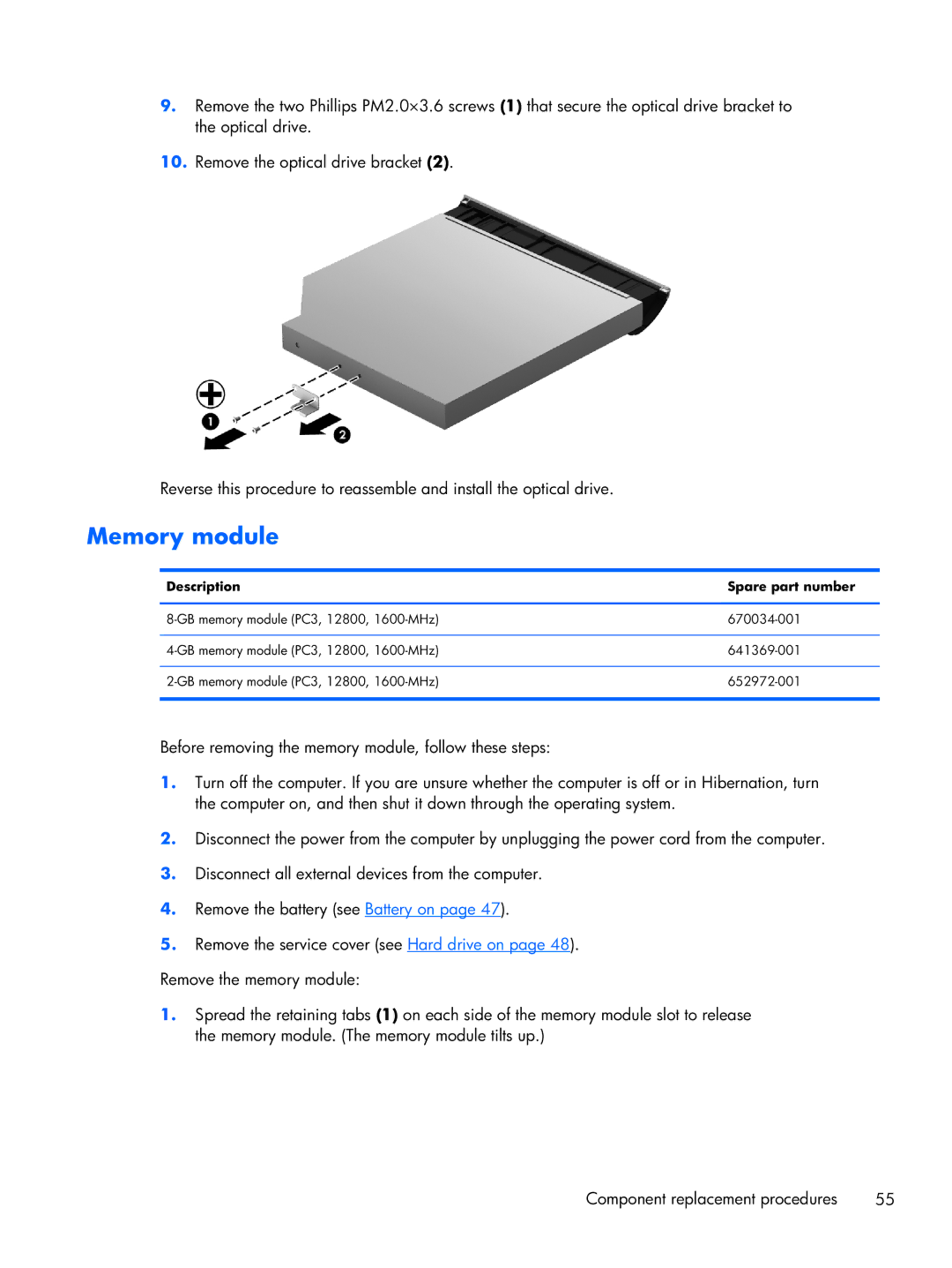 HP Fary Recertified Dv7-7234nr C6P04UARABA, dv7 C6N73UARABA, Dv7-7234nr DV7, Dv7 7223cl C2N67UARABA manual Memory module 