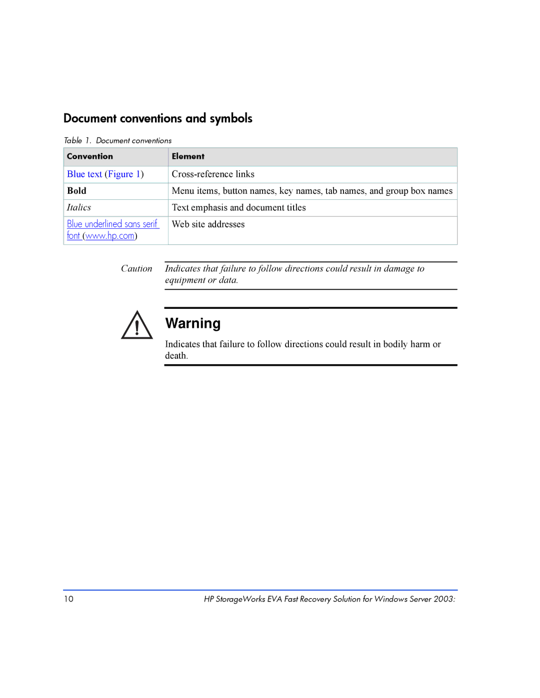 HP Fast Recovery Solution XP SW manual Document conventions and symbols, Bold 