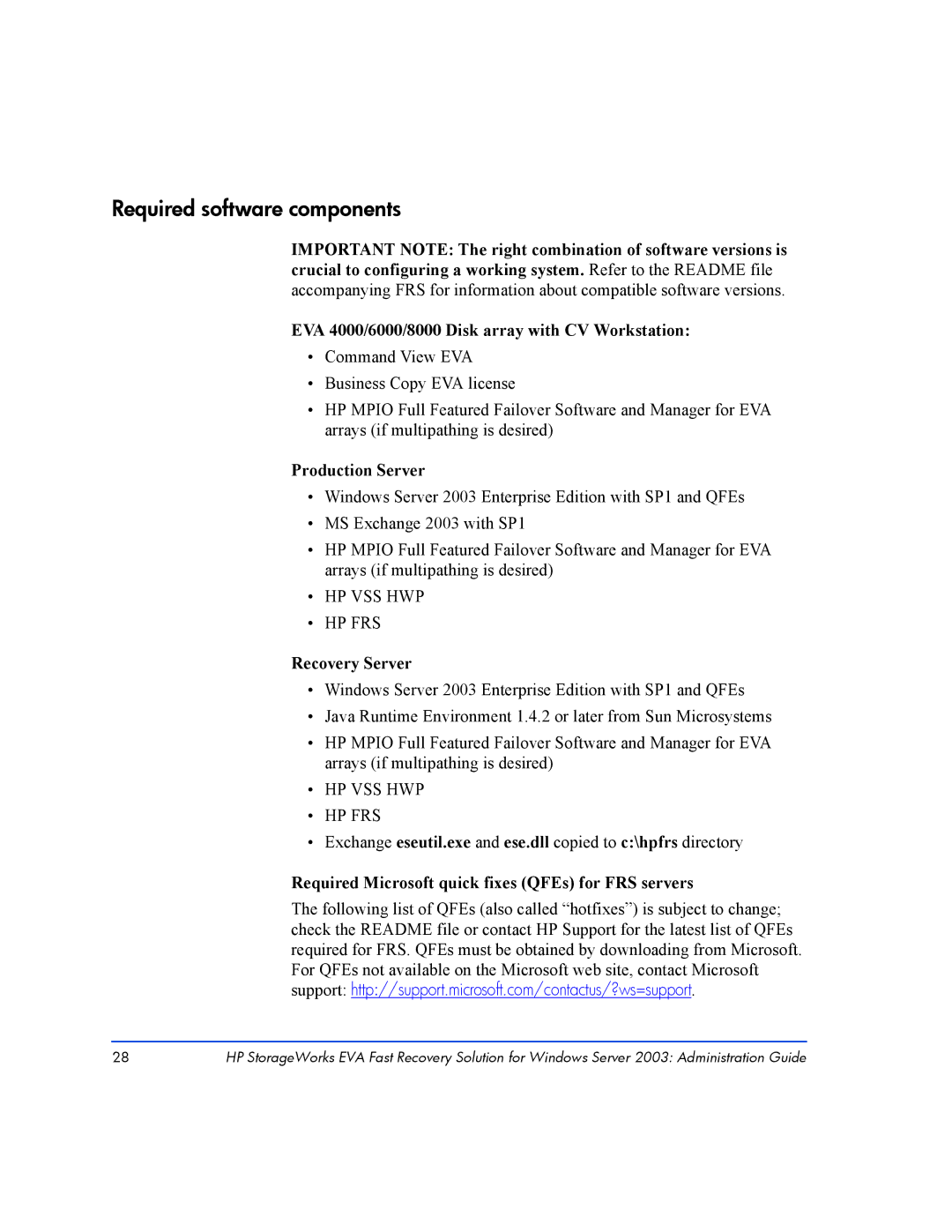 HP Fast Recovery Solution XP SW manual Required software components, EVA 4000/6000/8000 Disk array with CV Workstation 