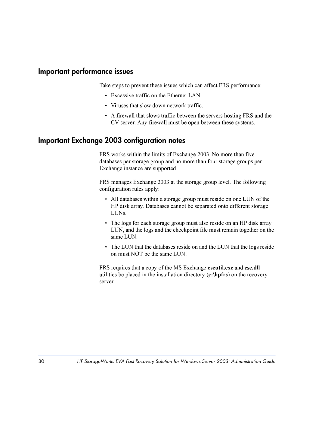 HP Fast Recovery Solution XP SW manual Important performance issues, Important Exchange 2003 configuration notes 