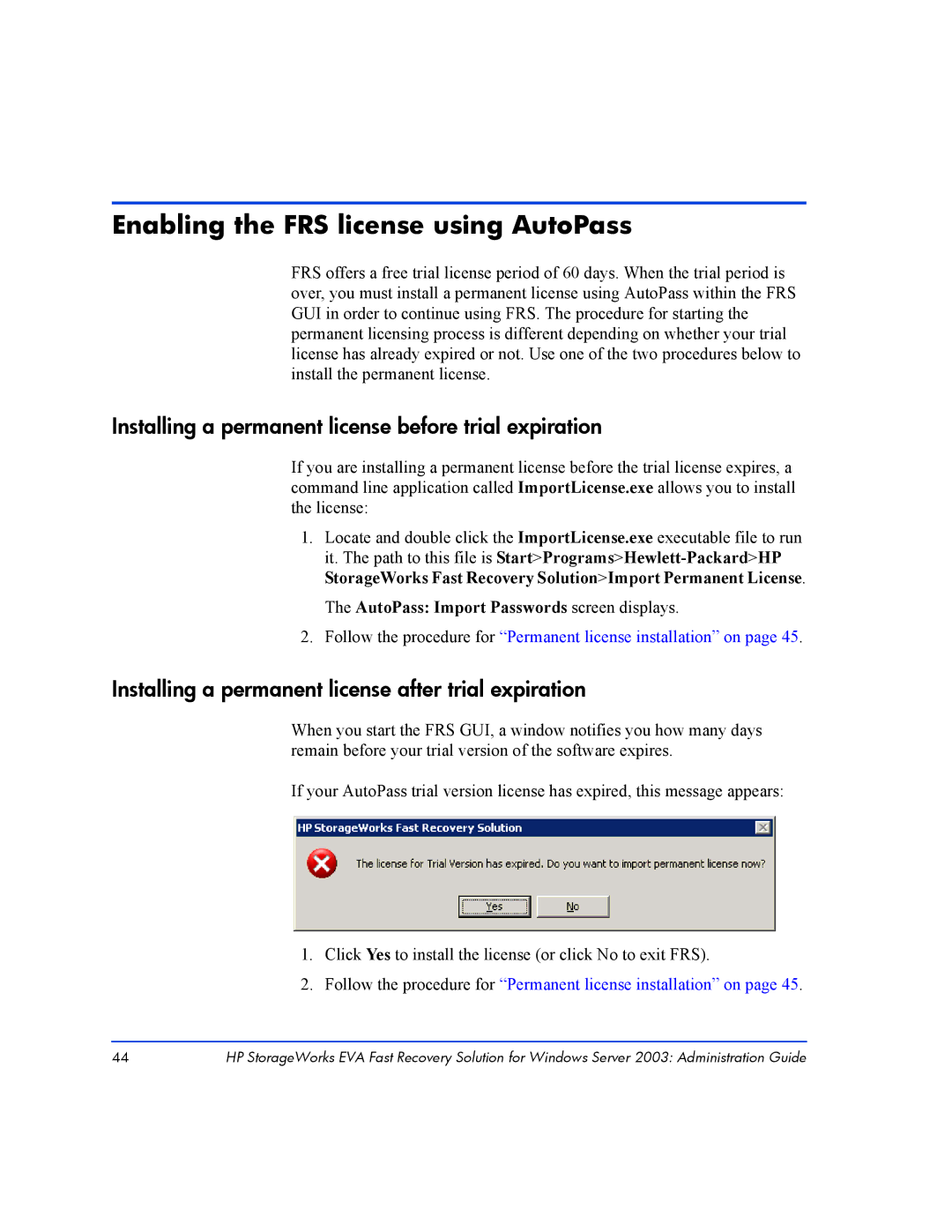 HP Fast Recovery Solution XP SW manual Enabling the FRS license using AutoPass, AutoPass Import Passwords screen displays 